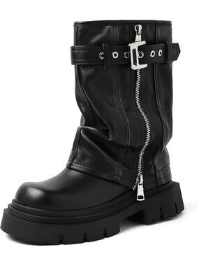 Women's Black Fold Over Biker Mid Calf Belt Buckle Square Toe Short Ankle Boots